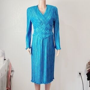 VINTAGE George F. Couture 80’s Turquoise Crinkled Pleated Long Sleeve SZ: 12